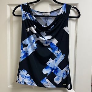 Calvin Klein Suits blue flowered cowl neck blouse